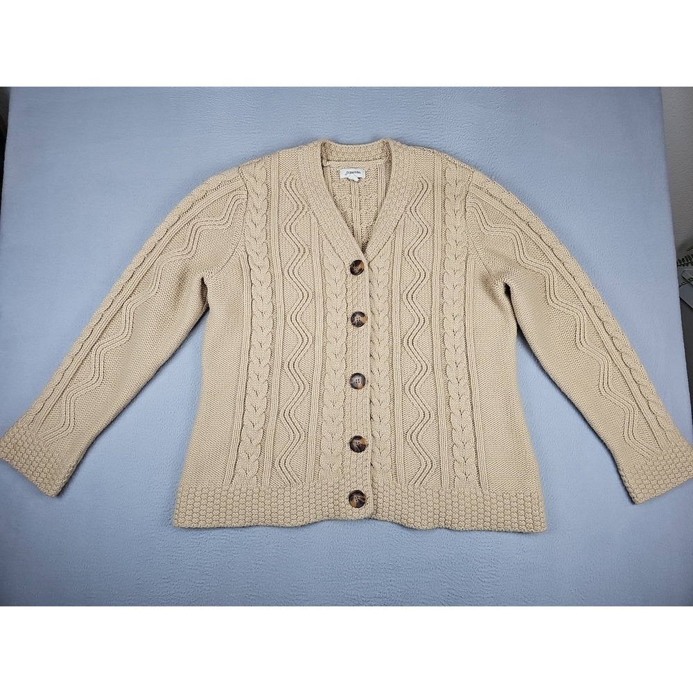 VTG St John's Bay Cable Knit Cardigan Sweater Women's XL Beige Acrylic Fisherman